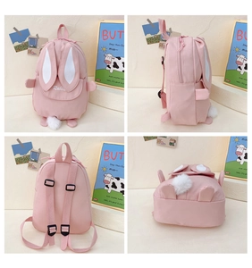 Detailed views of a pink rabbit backpack with plush ears, tail, and embroidery details