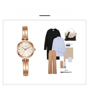 Montre à quartz en or rose tendance présentée avec des suggestions de style de tenue