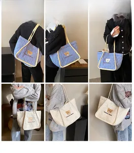 Detailed views of a quilted canvas tote bag with a cute bear print in blue and white colors