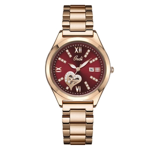 Gedi luxury rose gold watch with red sunray dial and heart diamond design