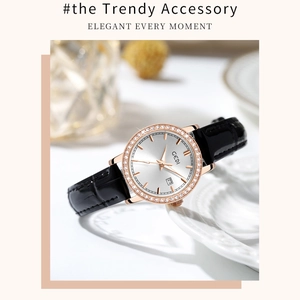 Detailed macro view of GEDI luxury watch with crystal bezel and leather strap details