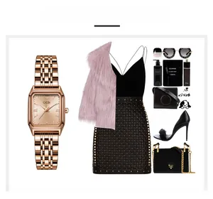 Orologio da donna alla moda con quadrante quadrato oro rosa e outfit trendy
