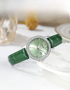 Detail view of green sunray dial watch with crystal bezel and calendar display