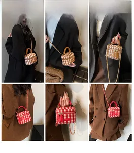 Mini plaid bucket bag styled as a crossbody and handbag with metallic chain and top handle