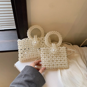 Children Girls Artificial Pearl Beaded Shoulder Bag Faux Artificial Pearl Woven Handbag Round Handle Crossbody Chain Sweet Accessory