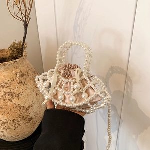 Girls Artificial Pearl Woven Crossbody Bag Scalloped Hollow Design With Satin Inner Pouch Vintage French Style Handbag For Kids