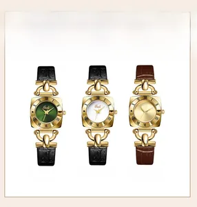 Detailed comparison of vintage square quartz watches with leather straps in three colors
