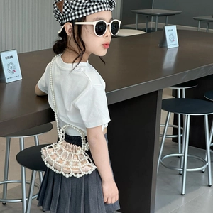 Elegant girls pearl woven fan-shaped shoulder bag with satin drawstring liner