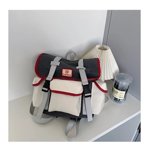 Close-up of color-block canvas backpack with durable straps and industrial buckles