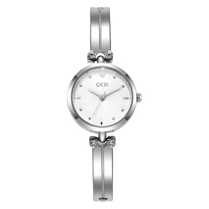 Montre jonc GEDI élégante en argent avec cadran blanc et motif cœur pour femme