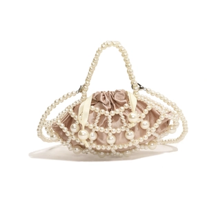 Elegant pearl-woven fan-shaped shoulder bag with satin lining and crossbody strap