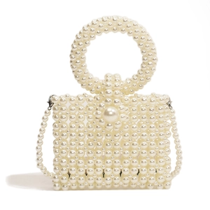 Elegant handmade pearl woven handbag with top handle and long shoulder strap for girls