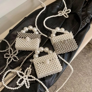 Kids Girls Mini Artificial Pearl Beaded Shoulder Bag Handmade Box Crossbody Purse Large Artificial Pearl Handle Elegant Princess Fashion
