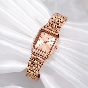 Elegante orologio al quarzo rettangolare in oro rosa con cinturino in acciaio inox