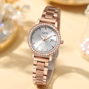 Women Quartz Watch Luxury Rhinestone Bezel Alloy Band Waterproof Calendar Elegant Fashion Wristwatch For Ladies