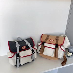Kids Canvas Backpack Schoolbag Contrast Color Multi Pocket Flap Buckle Outdoor Trendy Travel Bag For Boys Girls