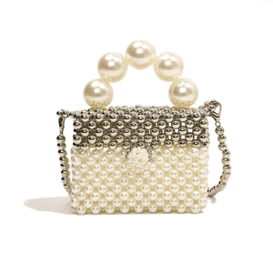 Elegant pearl beaded handbag for girls with metallic chain strap and large pearl handle
