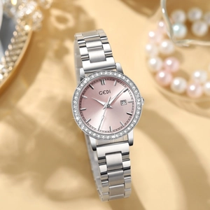 Silver stainless steel ladies watch with crystal bezel and pink dial with date window