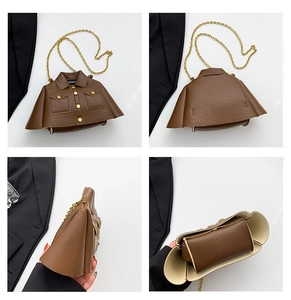 Detailed views of creative brown jacket-shaped bag with litchi texture and gold chain