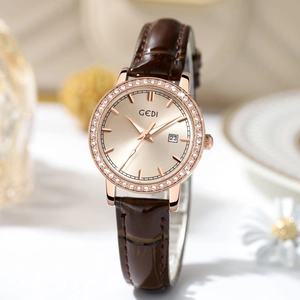 GEDI luxury women's quartz watch with crystal bezel, date display, and brown leather strap