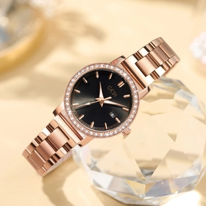 Luxury rose gold stainless steel women's quartz watch with black dial and crystal bezel