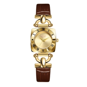 Close-up of gold square dial with Roman numerals and brown leather embossed strap