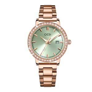 Women's rose gold stainless steel watch with green sunray dial and crystal bezel