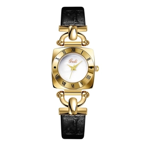 Detailed close-up of a vintage square women's watch with golden case and black leather strap