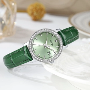 GEDI luxury women's watch with crystal bezel, green leather strap, and date display
