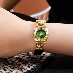 Elegant gold square quartz watch for women with green sunray dial and leather strap