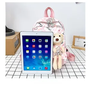 Sac à dos enfant en toile à carreaux roses avec motif ours et peluche mignonne