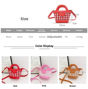 Detailed size specifications for kids plaid handbag with dimensions and color options