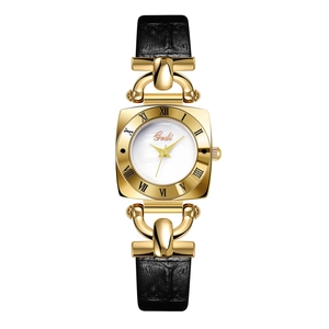 Vintage gold square watch with black leather strap and Roman numeral markers