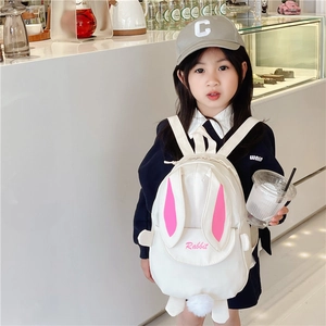 Cute white bunny ears kids backpack for girls featuring rabbit design and pink details