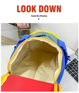 Detailed top view of the spacious main compartment and inner pocket of this colorful backpack
