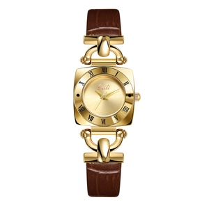 Gedi vintage square women's watch with gold metal case and brown crocodile leather strap