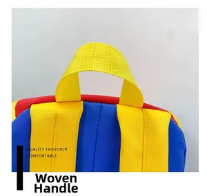 Detail of colorful woven handle and wide shoulder straps on kids preschool backpack