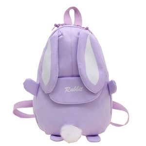 Cute lavender rabbit backpack for girls featuring long 3D ears and fuzzy pompom tail detail