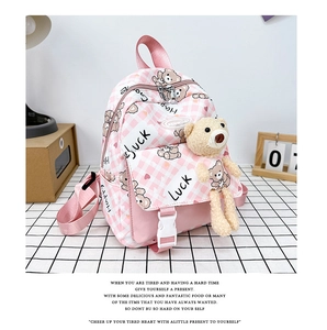 Sac à dos enfant à carreaux roses avec mignon ours en peluche et imprimés d'ours