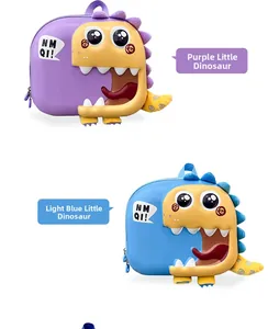 Detail showing cute purple and light blue 3D dinosaur eggshell backpacks for toddlers