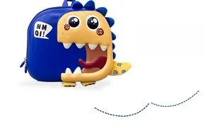 Close-up of waterproof polyester dinosaur backpack with blue fabric and yellow 3D features