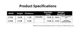 Size chart for waterproof school backpack showing dimensions and 900D fabric specs