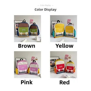 Detailed color display of multi-color canvas kindergarten backpacks in four variations