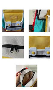 Detail view of colorful kids backpack showing zippers, magnetic buckles and fabric texture