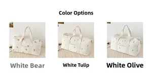 Detailed view of quilted cotton mommy bags with bear, tulip, and olive embroidery patterns