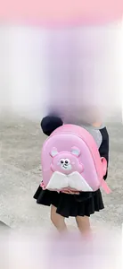 Dettaglio dello zaino rosa per bambini con orsetto 3D e ali bianche sugli spallacci