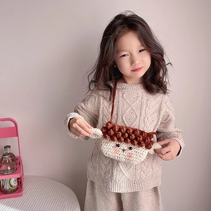 Sac à bandoulière enfant en crochet fait main mignon motif mouton avec pompons bruns