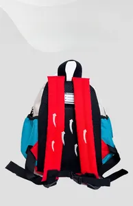 Detail view of breathable honeycomb mesh back and ergonomic red straps on kids backpack