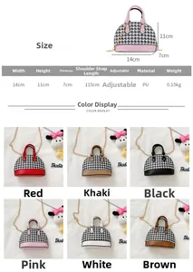 Size chart showing dimensions for children's mini vintage shell bags with color options
