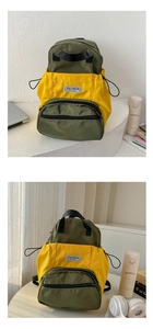 Vue détaillée du mini sac à dos en nylon imperméable jaune et vert avec poche à cordon